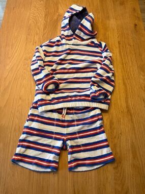 Boden Cream, Red & Blue Striped Hooded Kids Pajama Set